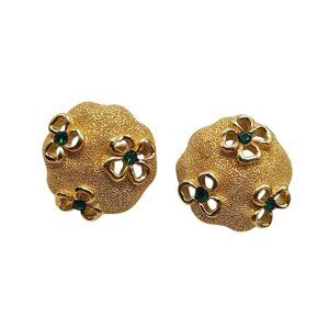 Vintage Trifari Gold Tone Flower Cut Out Earrings With Green Rhinestones